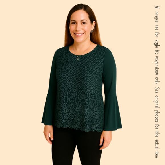 POINTELLE Green Lace Overlay Blouse With Bell Sleeves, L - Picture 8 of 8